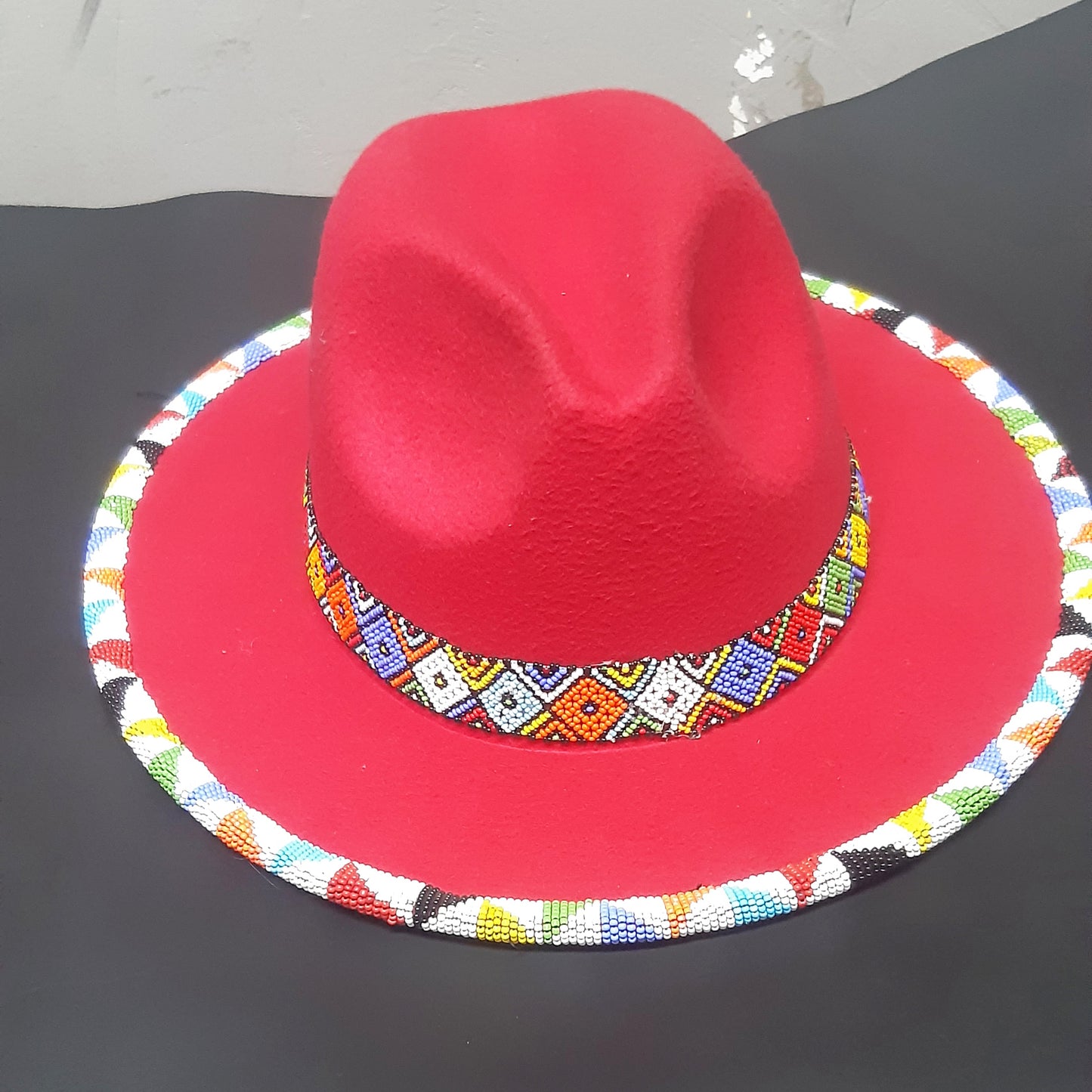 Shanga Fedora Ring and brim Beaded Hat (Red)