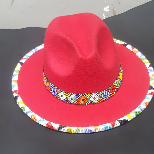 Shanga Fedora Ring and brim Beaded Hat (Red)