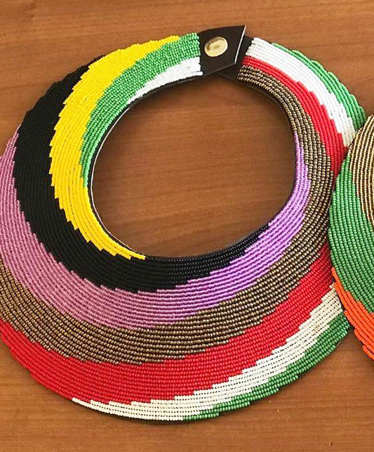 Shanga Leather Plate Beaded Chocker Necklace (Safa)